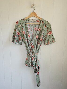 LOFT Celadon Floral Wrap Blouse